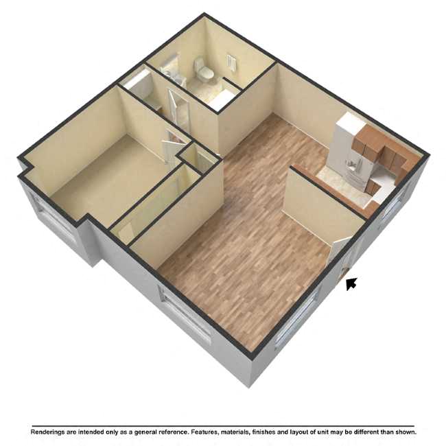 Floor plan for 1 bed, 1 bath, 687 sqft